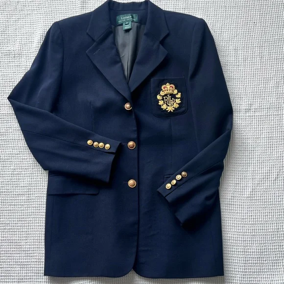 Lauren Ralph Lauren Navy Blue Preppy Academia Gold Logo Crest Wool Blazer sz 10 - Picture 6 of 12